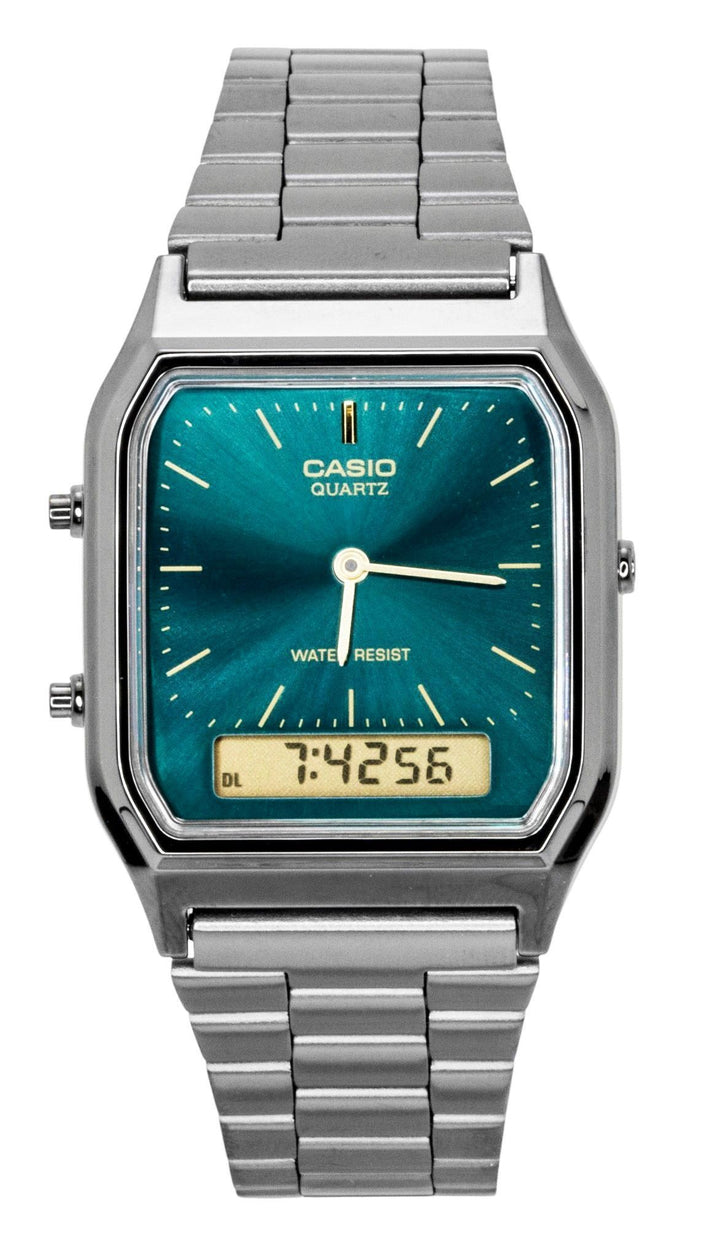 Casio Vintage Analog Digital Stainless Steel Green Dial Quartz AQ-230EGG-3A Unisex Watch