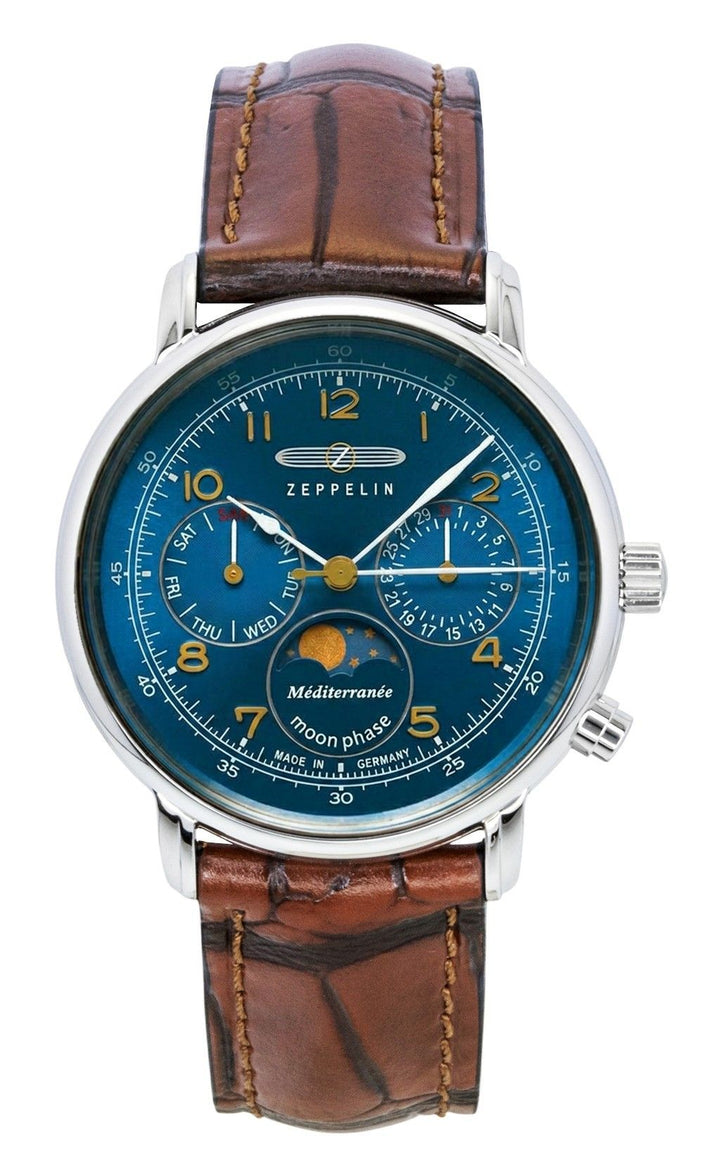 Zeppelin 100 Jahre Mediterranee Moonphase Leather Strap Blue DIal Quartz 96373 Men's Watch